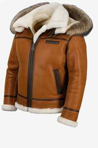 Custom Men’s B3 <b>Bomber</b> <b>Jacket</b> Brown <b>Shearling</b> Sheepskin Leather <b>Jacket</b> with Real Fox Fur Hood – Winter Warm Aviator Flight Coat - Product Image 2