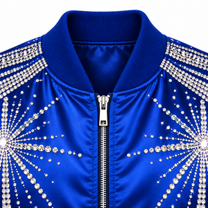 Chaqueta de Satén con Pedrería para Hombre, Azul Marino Brillante, Estilo Bomber, con Detalle de Corona de Cristal y Cierre Dorado, para Fiestas y Uso Casual - Product Image 4