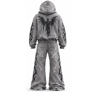 Conjunto Deportivo con Estampado Gótico, Sudadera Gris Desgastada, Pantalones Acampanados, Unisex, para Otoño, Manga Larga, Cierre Frontal con Cremallera, Diseño con Bolsillos - Product Image 3