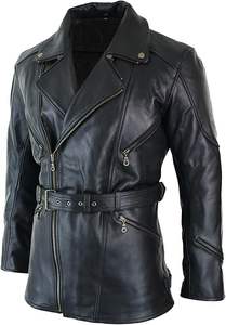Manteau long en cuir noir sur mesure pour homme, ceinturé, style motard, en véritable peau de mouton, coupe ajustée, veste de motard, vêtement d'extérieur chaud pour l'hiver - Product Image 6