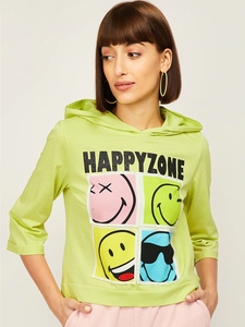 Sudadera con Capucha Verde Lima para Mujer, Estampado de Dibujos Animados Happy Zone, Talla Grande, Manga Tres Cuartos, 100% Algodón Tejido, Estilo Veraniego - Product Image 6