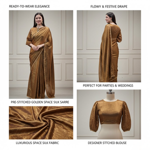 Sari de Seda Dorada Preconfeccionado, Listo para Usar en un Minuto, con Blusa Cosida |   Colección de Ropa Fluida para Fiestas y Bodas - Product Image 6