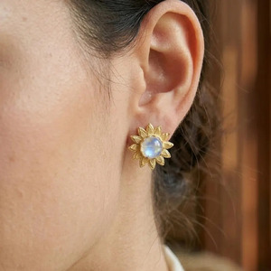 Beautiful Trendy Design Gold Plated Brass Rainbow Moonstone <b>Earrings</b>, Daily wear casual flower <b>Studs</b> For Gift - Product Image 3
