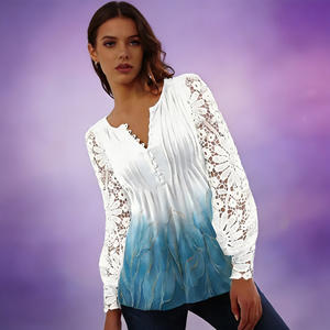 Hot sale on Temu chic <b>white</b> blue gradient print blouse with hollow lace <b>long</b> <b>sleeves</b> v neck buttoned top - Product Image 5