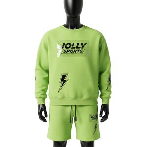 Conjunto de Sudadera y Pantalones Cortos de Felpa de Algodón y Poliéster para Hombre, Color Verde Lima, con Estampado Personalizado y Logotipo, Ropa Deportiva - Product Image 1