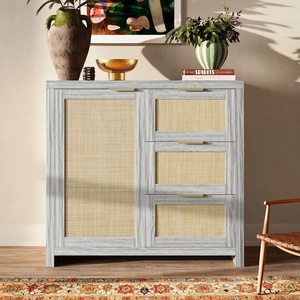 Grey Wood and Rattan <b>Cabinet</b> with 3 Drawers Midcentury Modern Storage Unit for Home Office and Living Room Decor - Product Image 1