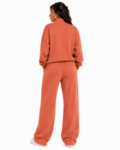 Ensemble de survêtement en molleton bouclette pour femme, pull à col boutonné, pantalon de survêtement fluide à jambe droite, haut à col demi-fermé, vente en gros - Product Image 2
