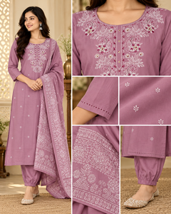 Conjunto de Tres Piezas de Kurta, Pantalón y Dupatta Bordado en Color Malva para Mujer, Diseño Floral en el Cuello, Ropa Étnica, Fabricante Mayorista - Product Image 3
