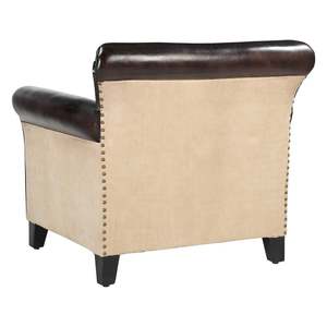 Fauteuil Chesterfield traditionnel en cuir véritable brun de qualité supérieure avec dossier capitonné, accoudoirs roulés et pieds en bois massif - Product Image 5