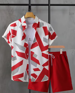 Men's Customized Solid Short Sleeve Shirt Red Shorts Set Casual Summer Wear Breathable Quick Dry Woven Polyester Front Logo - Product Image 1