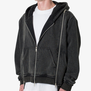 Top Selling Custom Logo Knitted <b>Thick</b> <b>Fleece</b> 3D Embroidery 100% Cotton Washed Casual Blank Hoodies Warm Windproof Zipper - Product Image 2