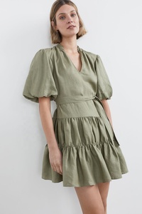 Robe d'été trapèze en lin à col en V ouvert, manches bouffantes, ceinture assortie, détail volanté, manches courtes sexy, grandes tailles disponibles - Product Image 2