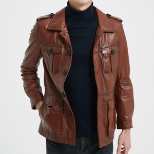 Blouson en cuir marron style motard vintage américain unisexe ignifuge grande taille manches longues vêtement de mode moto - Product Image 3