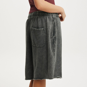 Top Selling Casual Long <b>Women's</b> <b>Shorts</b> Breathable 100% Cotton Side Pockets Raw Hem Acid Wash Button <b>Elastic</b> <b>Waist</b> Best Quality - Product Image 3