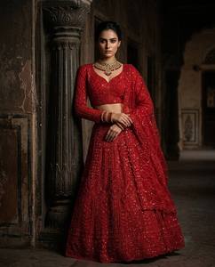 Robe de mariée formelle moderne en organza brodé rouge, style robe de bal, avec crop top, col en V, manches longues et longueur ras du sol - Product Image 5