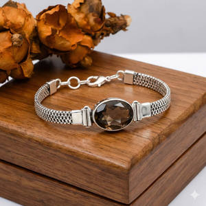 Bracelet à maillons bohèmes fait main en argent plaqué 925 Samrat Jewels pour femme, avec quartz fumé ovale serti clos, ajustable, idéal comme cadeau - Product Image 3