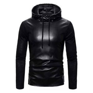 Hoodie d'hiver unisexe haut de gamme en cuir véritable, design numérique uni, pour homme, avec capuche - Product Image 1