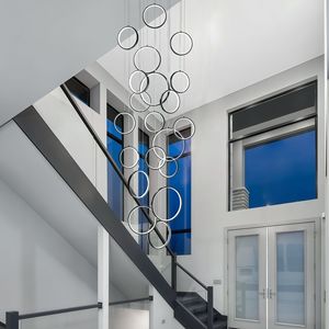 Lampadario Moderno a LED a 20 Anelli per Soffitti Alti, Grande Lampada Nera per Scale e Ingressi, Telecomando 3000K CCT per Bar - Product Image 6