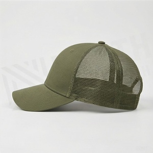 Olive Green 6-Panel Trucker Cap Mesh Back Adjustable Unisex Casual Baseball <b>Hat</b> Solid Color <b>Flat</b> Brim Style - Product Image 3