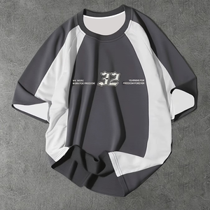 Men's Black <b>White</b> Contrast Short Sleeve T-Shirt Front Letter Print O-Neck Casual Streetwear Breathable Polyester/Cotton Jersey - Product Image 5