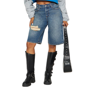 Women's Blue Denim for Wash Mid Waist Loose Fit Knee Length Distressed Ripped Detail Quick Dry Breathable Casual Summer - Product Image 1