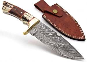 Couteau utilitaire d'extérieur à lame fixe en acier Damas fait main avec manche en corne de cerf et bois de rose - Product Image 4