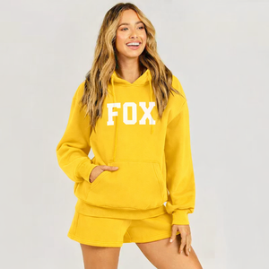Ensemble court à capuche oversize uni pour femme, coupe régulière, tenue décontractée deux pièces, au-dessus du genou, 100 % coton, manches courtes - Product Image 6