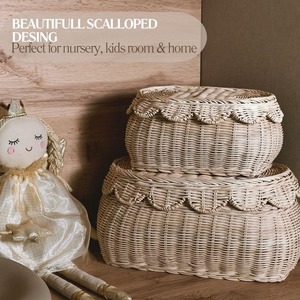 Natural Rattan Storage <b>Baskets</b> Oval Scallop Design <b>Stackable</b> Eco-Friendly Nordic Style For Nursery Kids Room Home Organization - Product Image 1