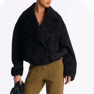 Manteau court en laine de luxe pour femme, col cranté, épaules tombantes, manches longues, devant ouvert, chaud pour l'hiver, couleur unie, style minimaliste - Product Image 1