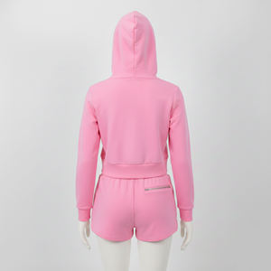 Womens Solid Pink Short Sleeve <b>Zip</b>-<b>Up</b> Cropped Hoodie and Matching Drawstring Shorts Twin Set OEM ODM Wholesale Apparel - Product Image 4