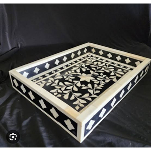 Plateau de service rectangulaire en bois avec incrustations de fleurs beige, fait à la main, plateau décoratif pour la maison de luxe, la cuisine et la décoration de table - Product Image 5