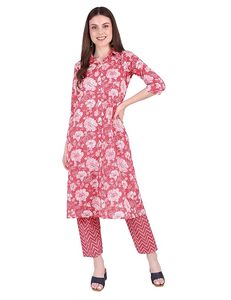 SAZU Floral Cotton <b>Kurta</b> Set with Chevron Print Pants Stylish Shirt-Collar Long Kurti for <b>Women</b> Floral Printed Ethnic Suit - Product Image 6