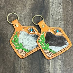 2026 Bulk Purchase Tooled Leather Cowhide Keychain Cactus Western Key Fob Rustic Floral Car Key Holder Gift for <b>Women</b> Men - Product Image 4