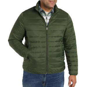 Mens Lightweight Insulated <b>Packable</b> Puffer <b>Jacket</b> with Full Zip Front and Stand Collar in Olive Green for Cold Weather Comfort - Product Image 1