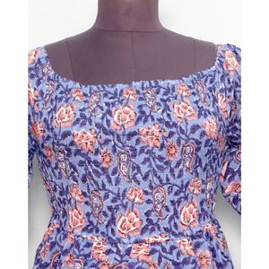 เดรสสั้นคอเหลี่ยมผ้าฝ้ายลายพิมพ์บล็อกมือแขนยาวลายดอกไม้สำหรับผู้หญิง - Product Image 2