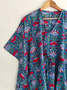 Elegante Vestido Kaftán de Algodón con Estampado Floral Azul, Estilo Bohemio, Holgado, Informal, para Vacaciones de Verano - Product Image 2