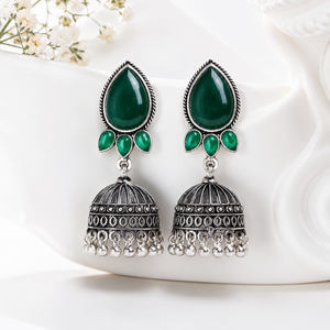 Boucles d'oreilles Jhumka en alliage de zinc plaqué argent, imitation onyx traditionnel, faites à la main, style vintage, ethnique, indien, bohème, pour soirée - Product Image 5