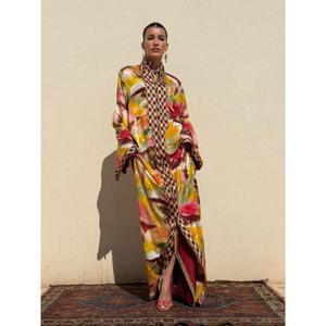 Silk <b>Kaftan</b> Floor-Length Traditional Winter/Summer Party Printed Multicoloured Moisture Wicking High Stand Collar Contrasting - Product Image 2