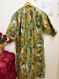 Bata Kimono de Algodón con Estampado Floral para Mujer, Cuello en V, Cierre con Cordón, Larga hasta el Tobillo, Ligera, Suave, para Descansar o Spa - Product Image 2
