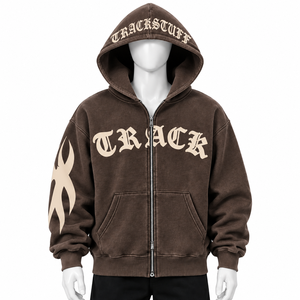Sweat à capuche vintage pour homme, coupe oversize, en polyester/coton tricoté, délavé à l'acide, avec deux fermetures éclair, coupe-vent et respirant - Product Image 6
