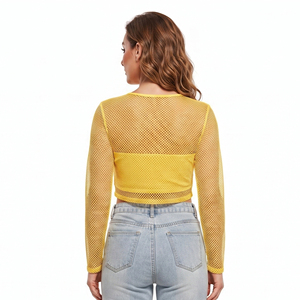 Top corto de malla amarillo para mujer, manga larga, cuello redondo, tejido transparente, top corto transpirable, estilo sexy para discoteca - Product Image 2