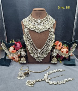 Triangular Motif Bridal <b>Jewellery</b> <b>Set</b> With Jhumka Earring Antique Gold Plated Traditional Ethnic <b>Wedding</b> Wear <b>Jewellery</b> Supplier - Product Image 4