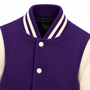 Blouson universitaire pour homme violet et blanc à manches longues, col montant, boutons recouverts, style décontracté, coupe régulière, pour l'hiver, 100 % laine, séchage rapide - Product Image 3