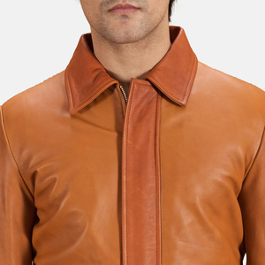 Men's Genuine <b>Leather</b> <b>Jacket</b> Solid Color Stand Collar Windproof Zipper Closure High Street <b>Winter</b> Style Regular Fit Front - Product Image 5