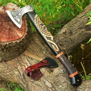 Handmade Viking Bearded Axe with Engraved Carbon Steel Head, Carved Wooden Handle and Leather Grip <b>Wrap</b>, Bushcraft Camping - Product Image 6