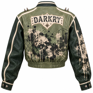 Chaqueta Bomber Varsity de Cuero Genuino Verde Oliva para Mujer con Diseño de Calavera Personalizado y Puños con Estrellas, Servicio de Fábrica OEM - Product Image 2