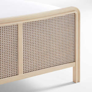 Contemporary Rounded Edge Rattan <b>Bed</b> | Natural Woven Cane Headboard Wooden <b>Bed</b> - Product Image 2
