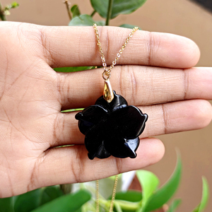 Fashion jewelry hand carved black onyx floral pendant with emerald cz accent 18k gold plated chain <b>statement</b> <b>necklace</b> for women - Product Image 5