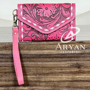 Portable RFID Blocking New Mini Floral Western Style Genuine Cowhide Leather Cowgirl Wallet <b>Wristlet</b> Clutch for Travel Organizer - Product Image 1