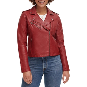 Blouson moto en cuir rouge pour femme, coupe ajustée, fermeture éclair, col rabattable, manches classiques, style automne, léger, sur mesure - Product Image 1